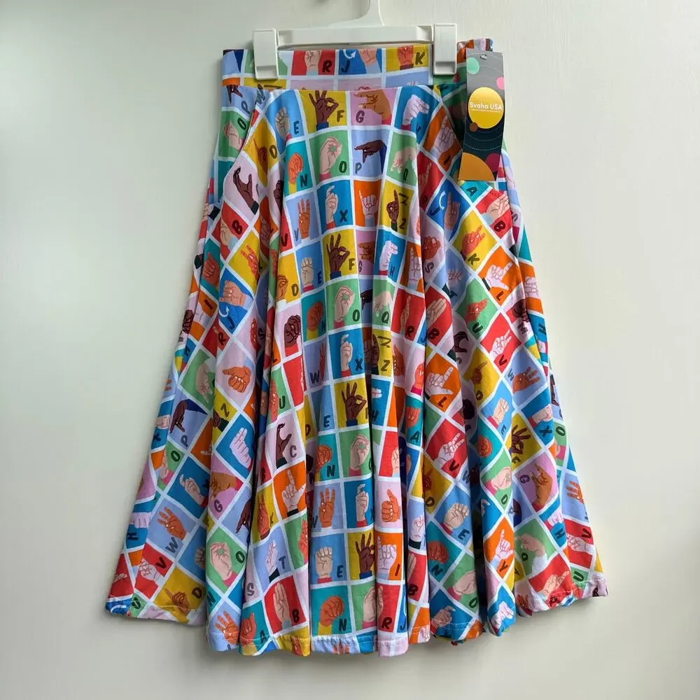 Svaha USA ASL Sign Language Alphabet Organic Cotton Twirl Skirt Pockets XS NWT